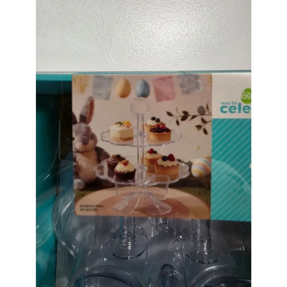 2 Tier Clear Plastic W/Bow Cupcake & Sweet Treats Stand ~ Easy Assembly NEW